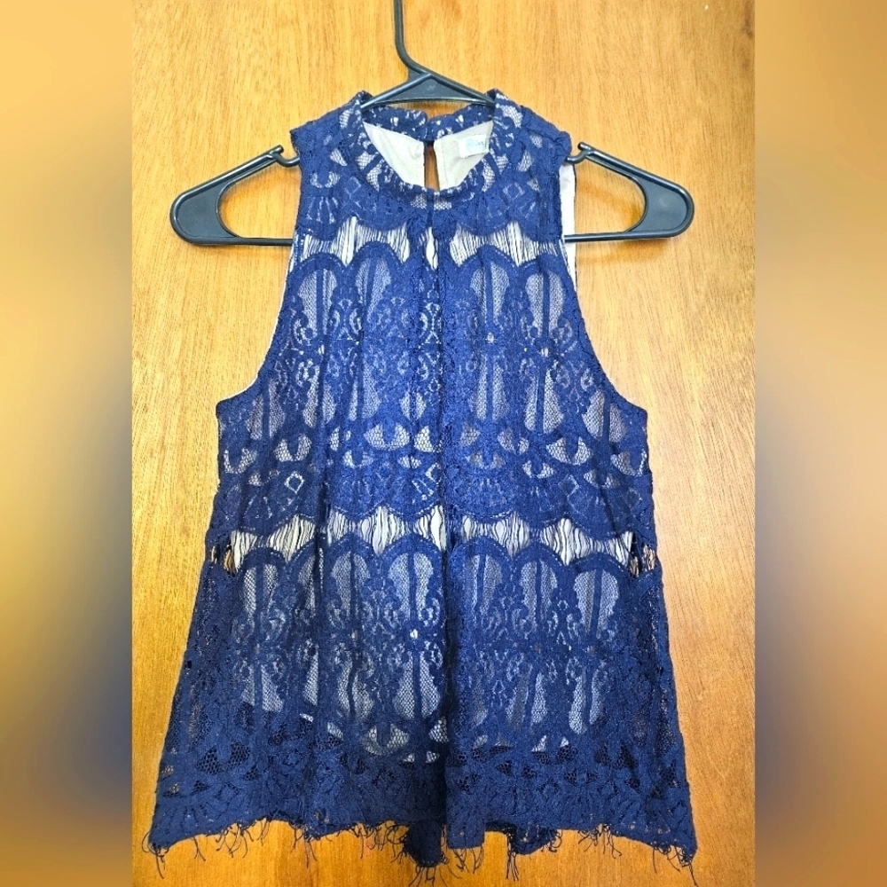 Blue Lace Sleeveless Mock Neck Top With Key Hole Back Size M